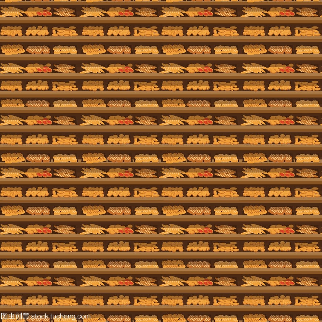 無縫模式面包店貨架里超市,大選擇的新鮮產(chǎn)品的銷售在食品商店內(nèi)部,商店矢量插圖配面包